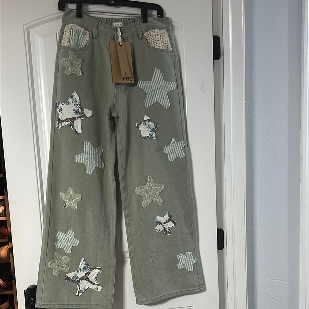 POL Green Flare Wide Leg Jeans with Playful Print